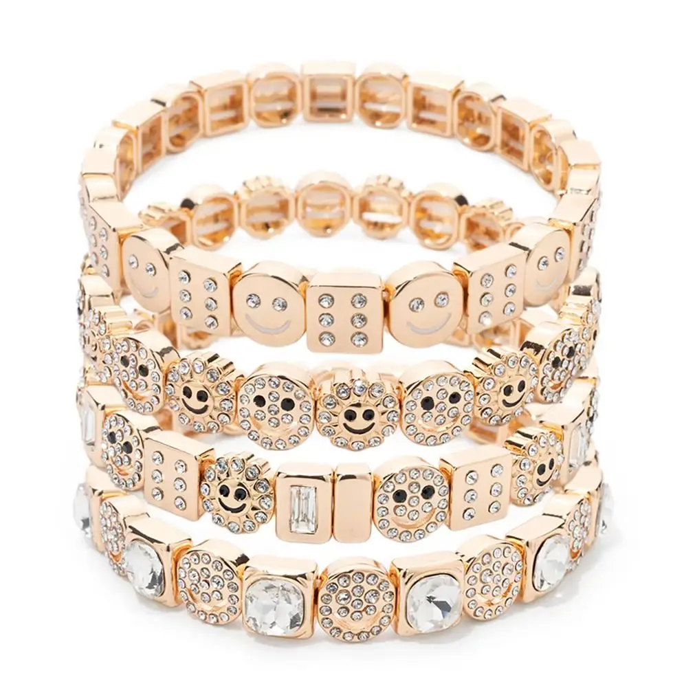 2024 Design Enamel Happy Face Inlaid Dimond Bracelet for Women Gold Color Dice Beads Elastic Bangle Boho Jewelry Accessories