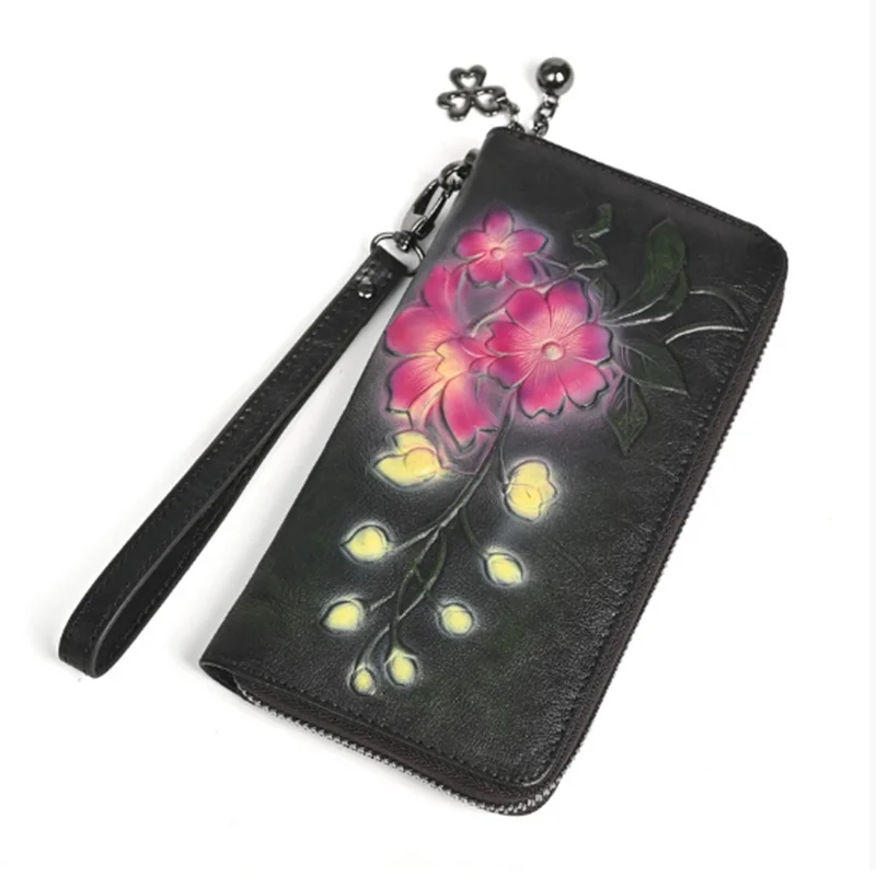 morning-glory-engraved-clutches-women's-wallet-retro-genuine-leather-wallet-for-female-new-wristband-zipper-cell-phone-bag