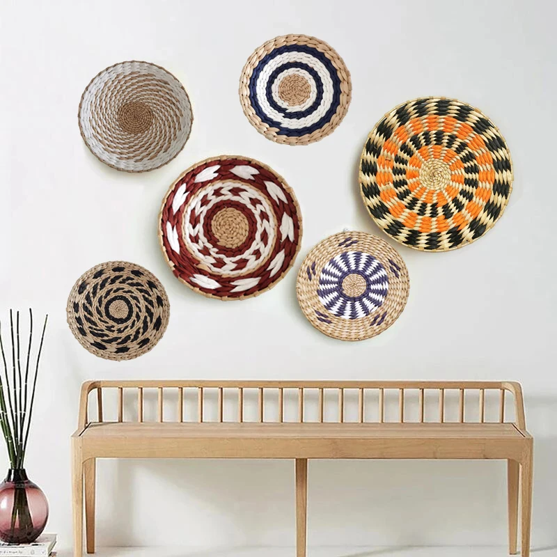 Straw Woven Tray Wall Decor Hanging Plate Round Fruit Storage Basket Bohemian Home Decoration Rattan DIY Crafts Gifts Acces