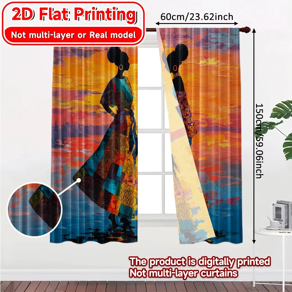 2D Flat Printing,2pcs African Twilight Pattern Chic Curtains Polyester Curtains Holiday Ldeal for Living Room and Bedroom