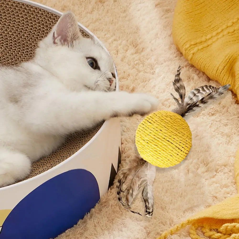 Jouet pour chat avec plumes, jouet pour chat avec plumes, boule à gratter en Sisal avec plume pour dents de chaton, Anti-morsure pour ludique