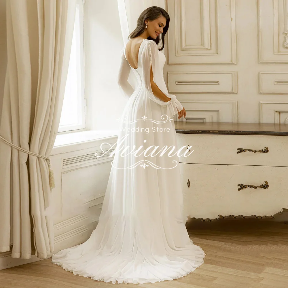 

Aviana Customized Luxury Wedding Dress Long Sleeves Pearl Embellished V Neck Chiffon Open Back Slit Floor Length Train Elegant