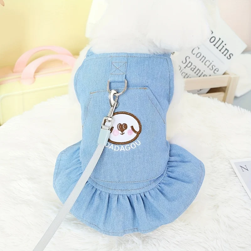 Cute Denim Pet Dress with D-Ring, Embroidered Dog Pattern Pet Suspender Skirt, Breathable Pet Apparel for Small Dogs Cats