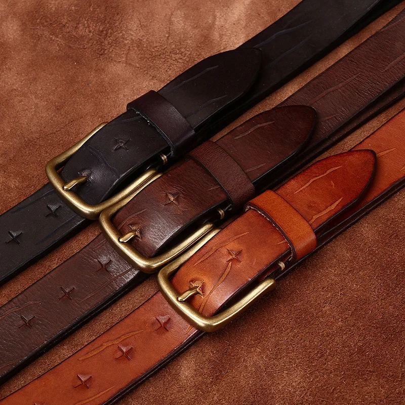 3.3CM Genuine Leather Belt Men Retro Handmade Knife Marks Design Brass Buckle Jeans Cowskin Casual Belts Cowboy Waistband Male