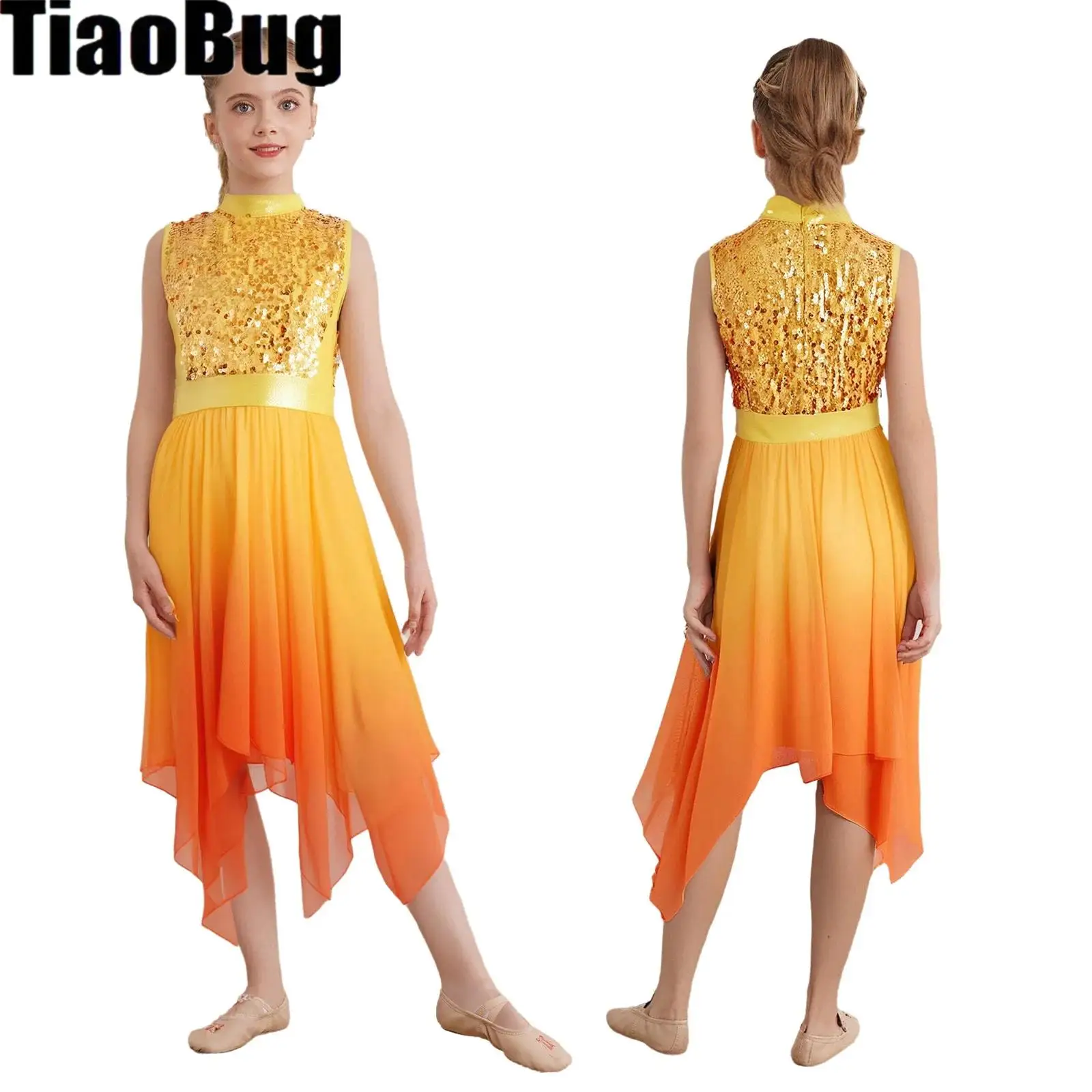 

Girls Liturgical Worship Praise Dance Tunic DressSleeveless Asymmetrical Hem Sequin Gymnastics Lyrical Contemporary Dance Dress