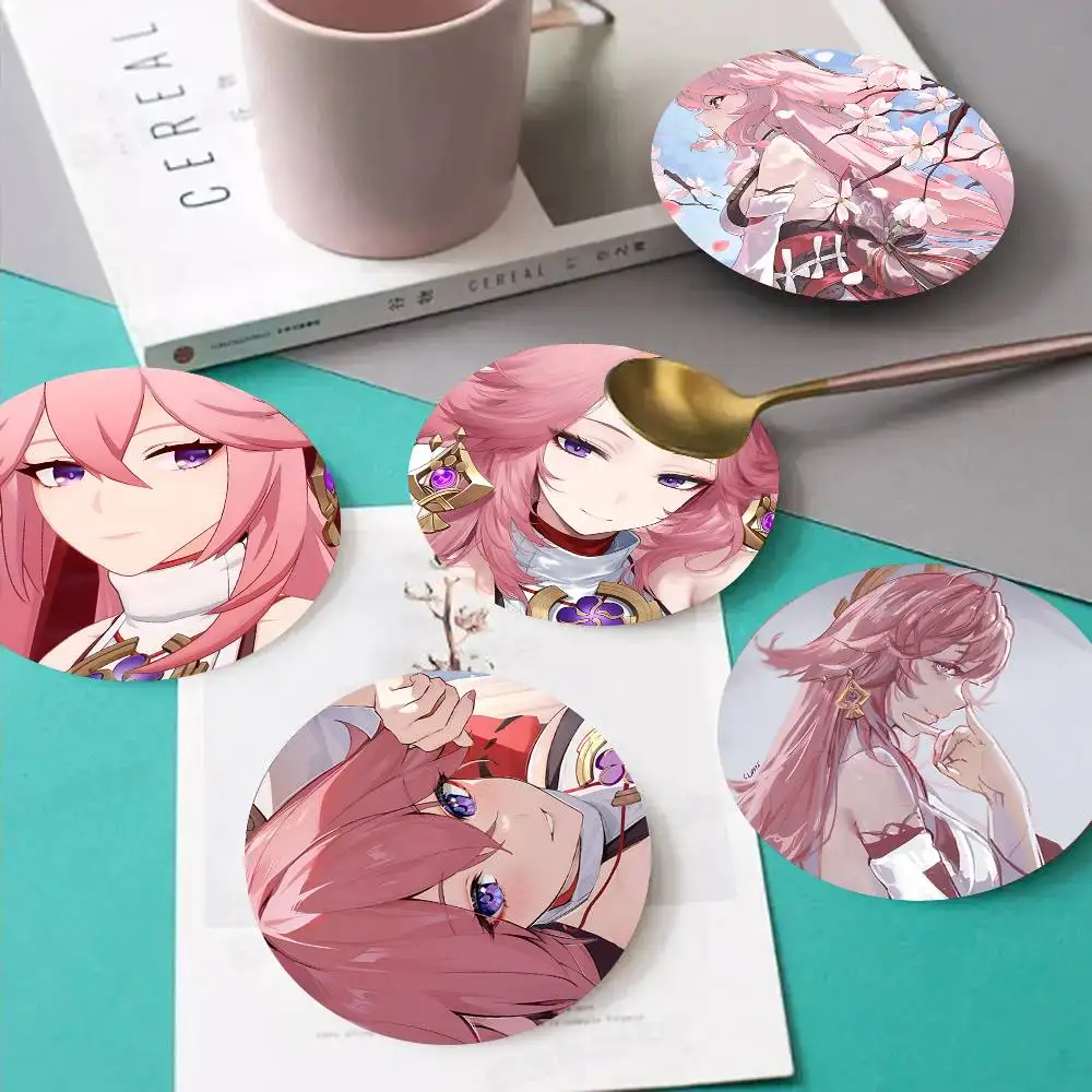 1pc Anime Genshin Impact Y-aeMiko Wooden Coaster Colour Printing Cup Mat Home Desk Decoration Gifts