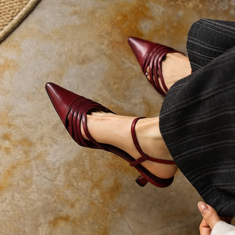 2026 New Fashion Women Summer Sandals Shoes High Heels Leather Pumps Ankle Strap Pointed Toe Shoes Slingback Dress Party 34-42