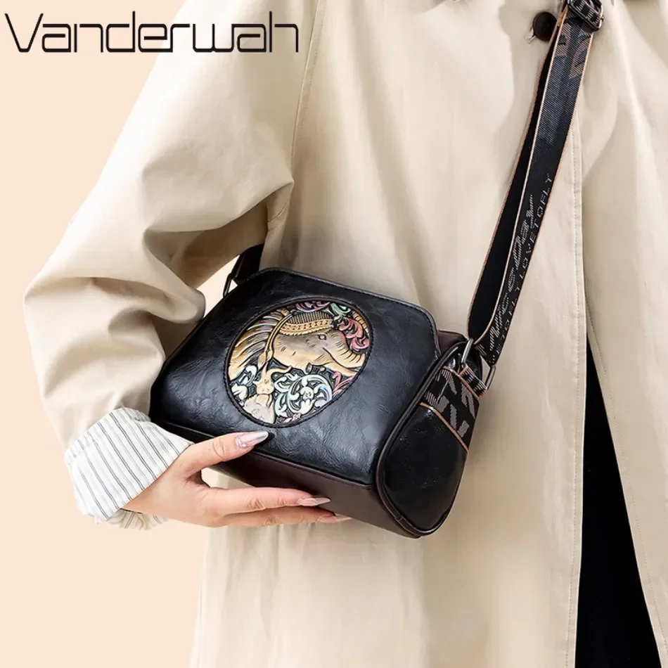 Women\'s Shoulder Bag Famous Brand Elephant Embroidered Female Messenger Bags Wallet High Quality Leather Girl Bolsas Sac A Main