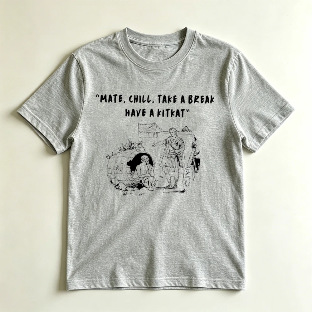 Mate Chill Take A Break Have A Kitkat Ancient Greek Sketch Print Women Summer Short Sleeve Tee Funny Philosophy Meme Casual Tee
