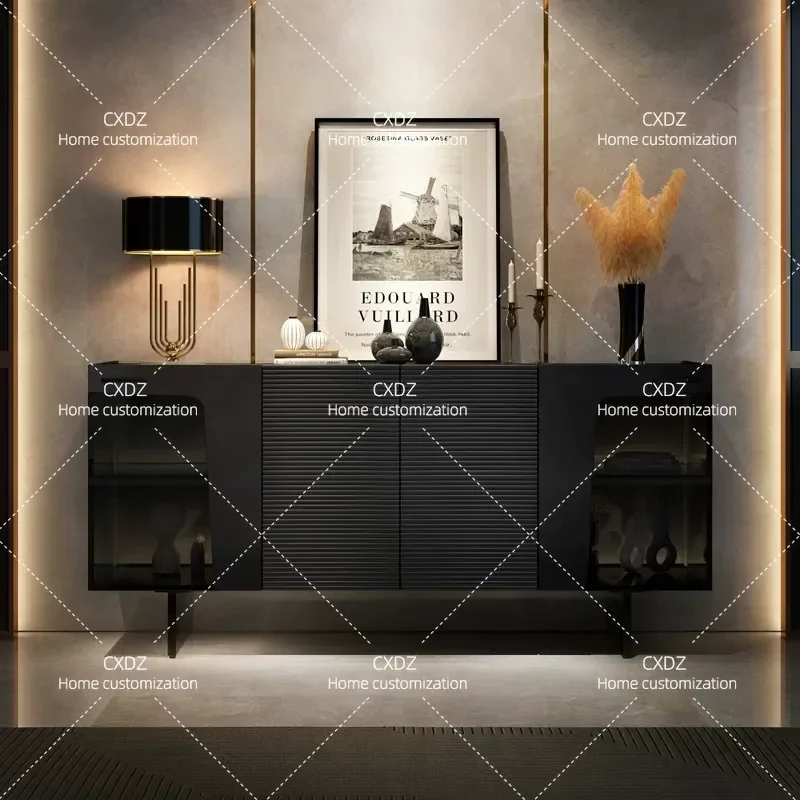 Solid Wood Dining Side Cabinet Black Rock Slab Top Luxury Living Room Storage Locker with Lamp Decorative Villa Furniture