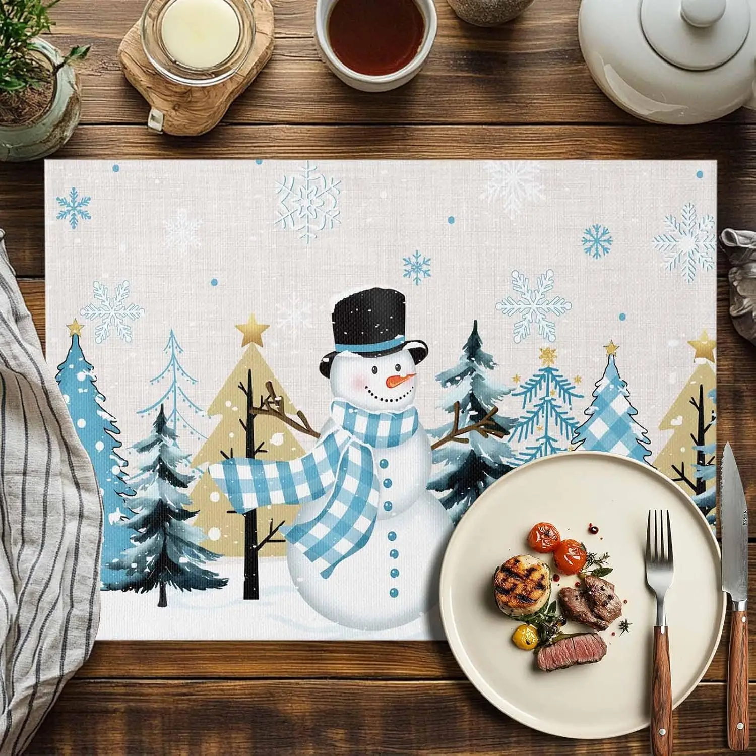 

Christmas Snowman Snowflake Table Mats for Kitchen Dining Decor Reusable Winter Holiday Kitchens Placemats Christmas Decorations