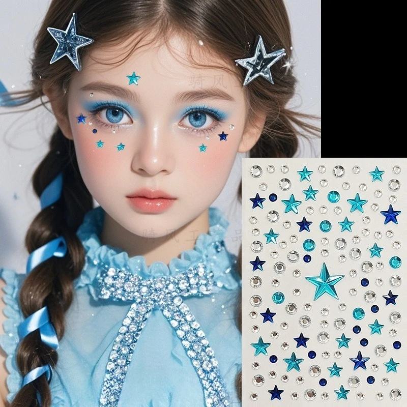 

Blue Star Rhinestone Stickers Self Adhesive Acrylic Gems for Concert Support Makeup Girls Face Decor Safe Non Toxic Easy Remove