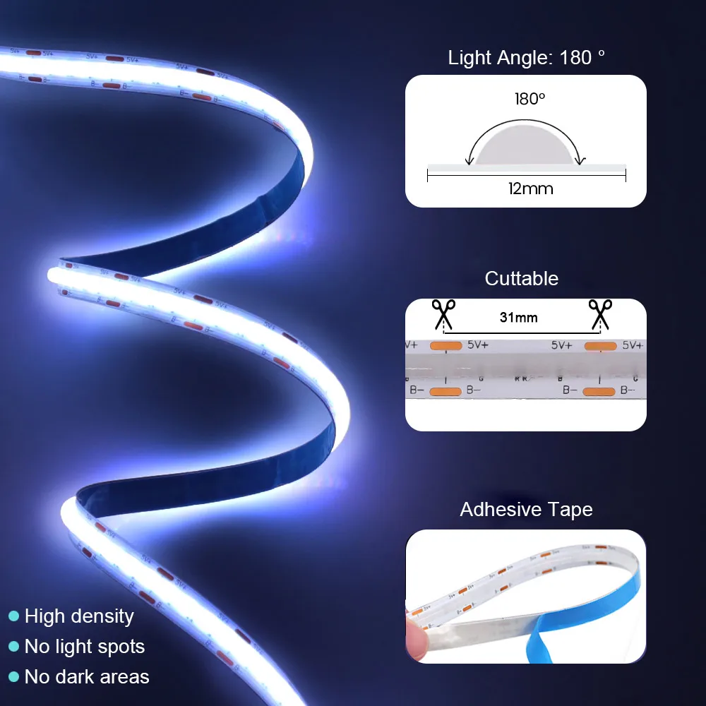 Bande lumineuse LED COB RVB USB 5V, compatible Bluetooth, Wi-Fi, 24 touches, kit de télécommande 44 touches, lumières linéaires 576 LED, lampe à