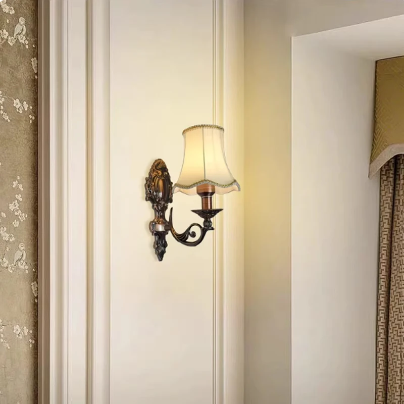 Classical Living Room Red Bronze Wall Lamp European-style Staircase Wall Light Antique Hallway Bedroom Dual Head Bedside Lamps