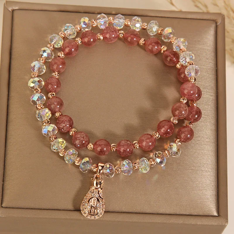 Ins Niche Design Strawberry Crystal Bracelet Women's Multi-Layer Pink Crystal Money Bag Pendant Hand String for Girlfriend Gifts