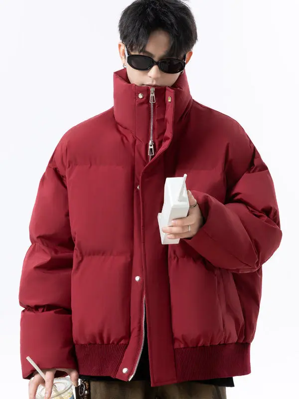 

Red Wine ort Stand Collar Men's Cotton Jaet Winter Warmth Bread Sle Anti-Cold Outerwear Zipper Loose Fit Youth Faion