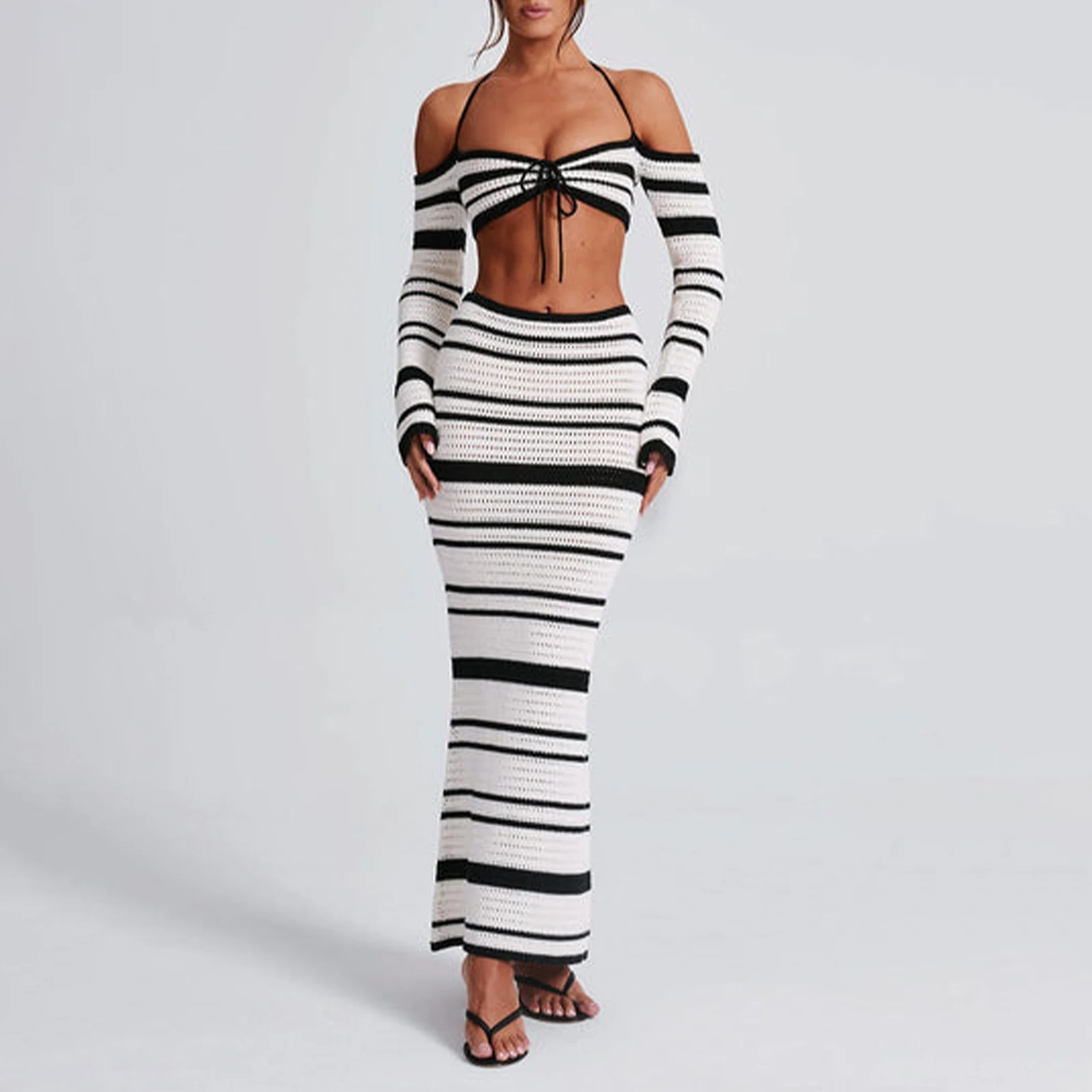 Hirigin Knit Stripe Women 2-częściowy zestaw Halter Slash Neck Lace Up Long Sleeve Tops and Maxi Skirts Sexy Mujer Club Midnight Suit