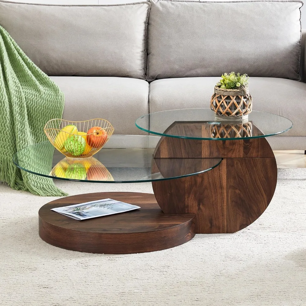 

Glass Coffee Table, Modern Round Clear Coffee Tables for Living Room, 3-Tier Circle Tempered Coffee Table with Storage Wooden