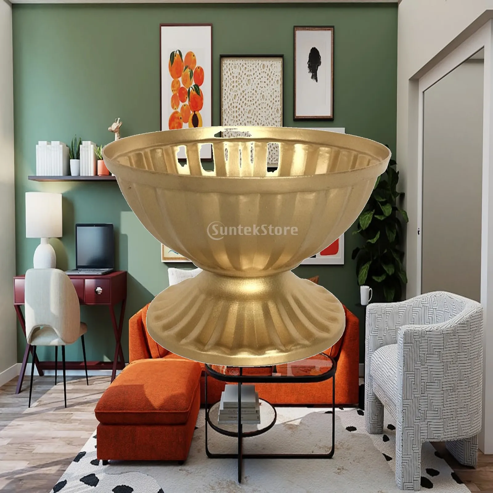Gilded Iron Flower Vase Fluted Bowl Plant Pot for Indoor Outdoor Garden Decorative Display Stand Home Accent