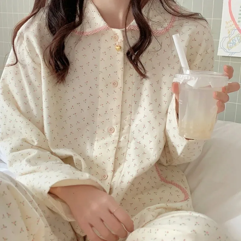 

Women's Pajamas New Autumn Spring Long Sleeve Soft Sleepwear Set Striped cartoon pyjama Woman Home Nightwear Set Cardigan