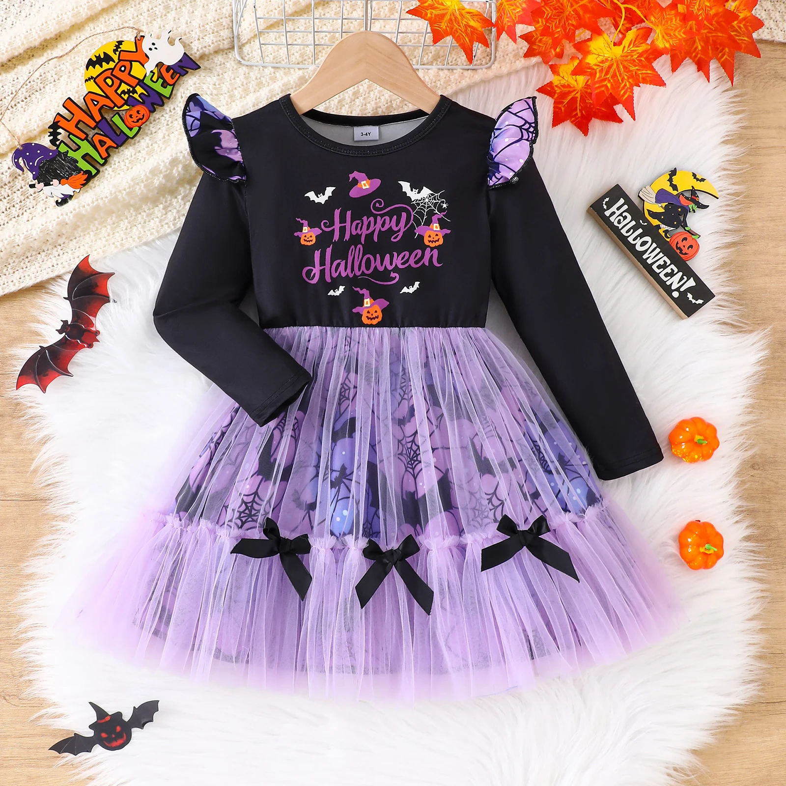 

Tregren 1-8Y Kids Girl Halloween Dress Casual Letter Print Mesh Patchwork Long Sleeve Dress for Toddler Baby Cute Child Clothes