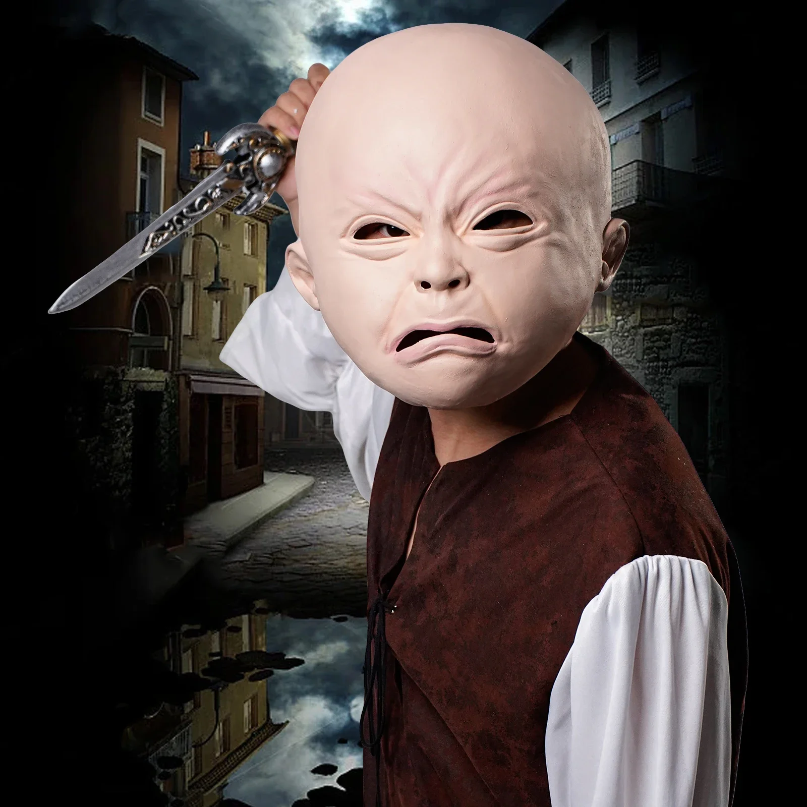 2025 الهالوين Coiffe de poupée Realiste avec visage qui pleure، masque effrayant pour Halloween، التعبير السعيدة وممتعة