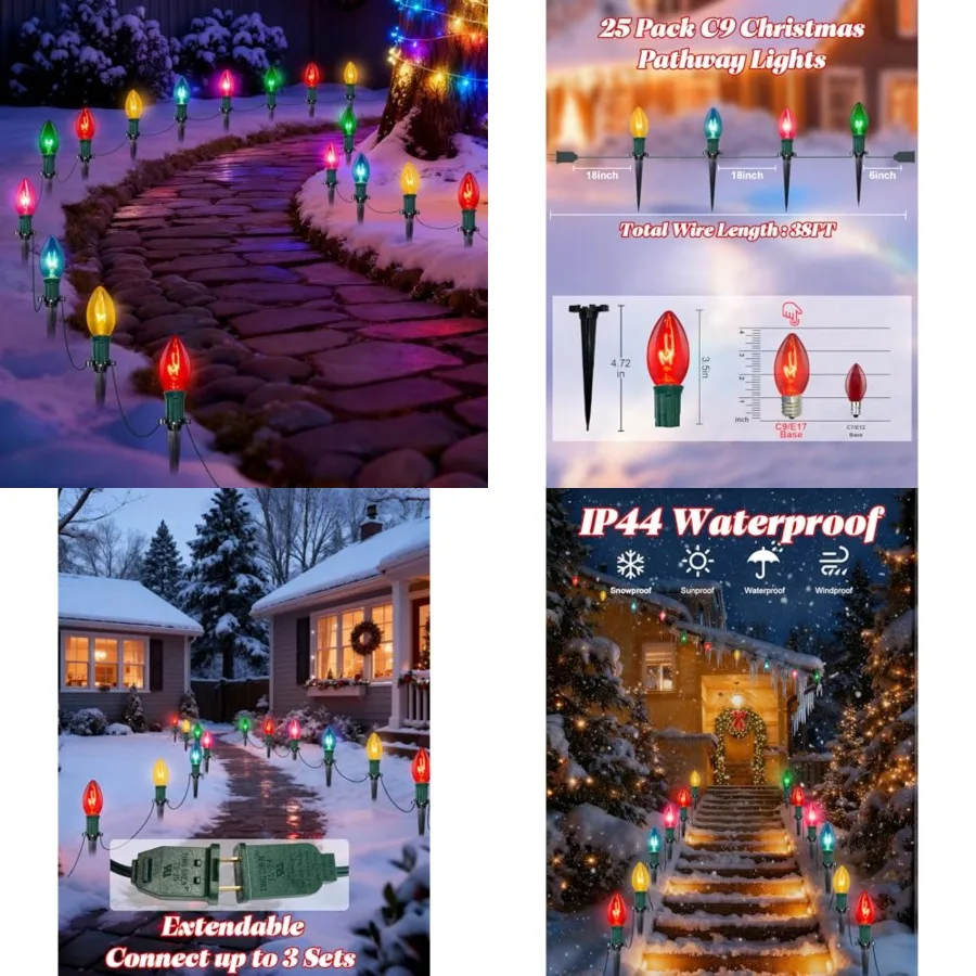 

38Feet C9 Christmas Stake Lights Outdoor, 25 Pack Weatherproof Christmas with Bulbs and Stakes for Garden Lawn Backyard Snowfie