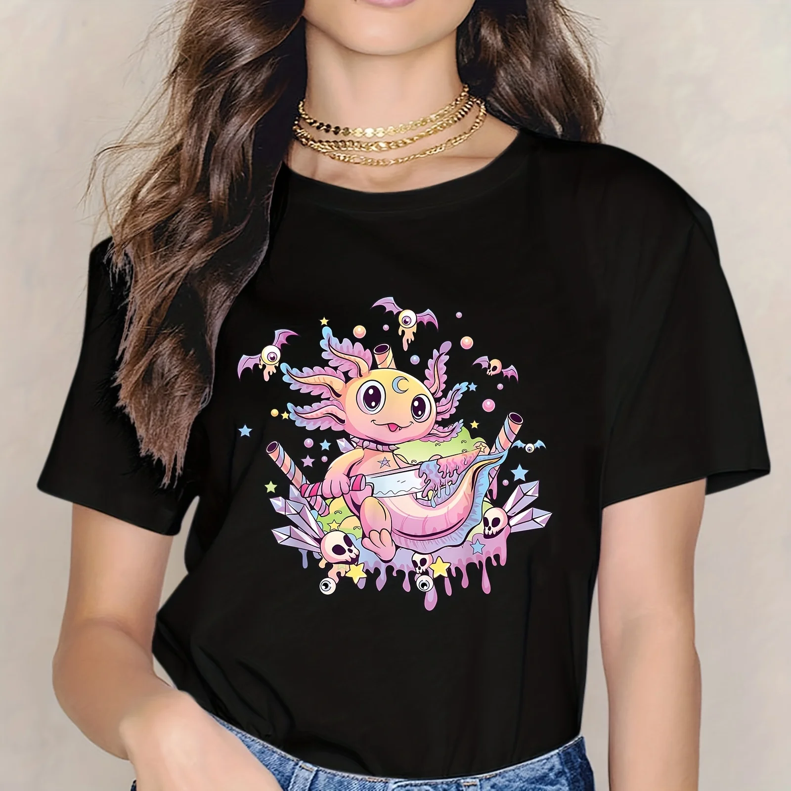 Space Axolotl Cartoon Printed Women T-shirts Summer Round Neck Short Sleeved T-shirt Female Tops Tees Clothing