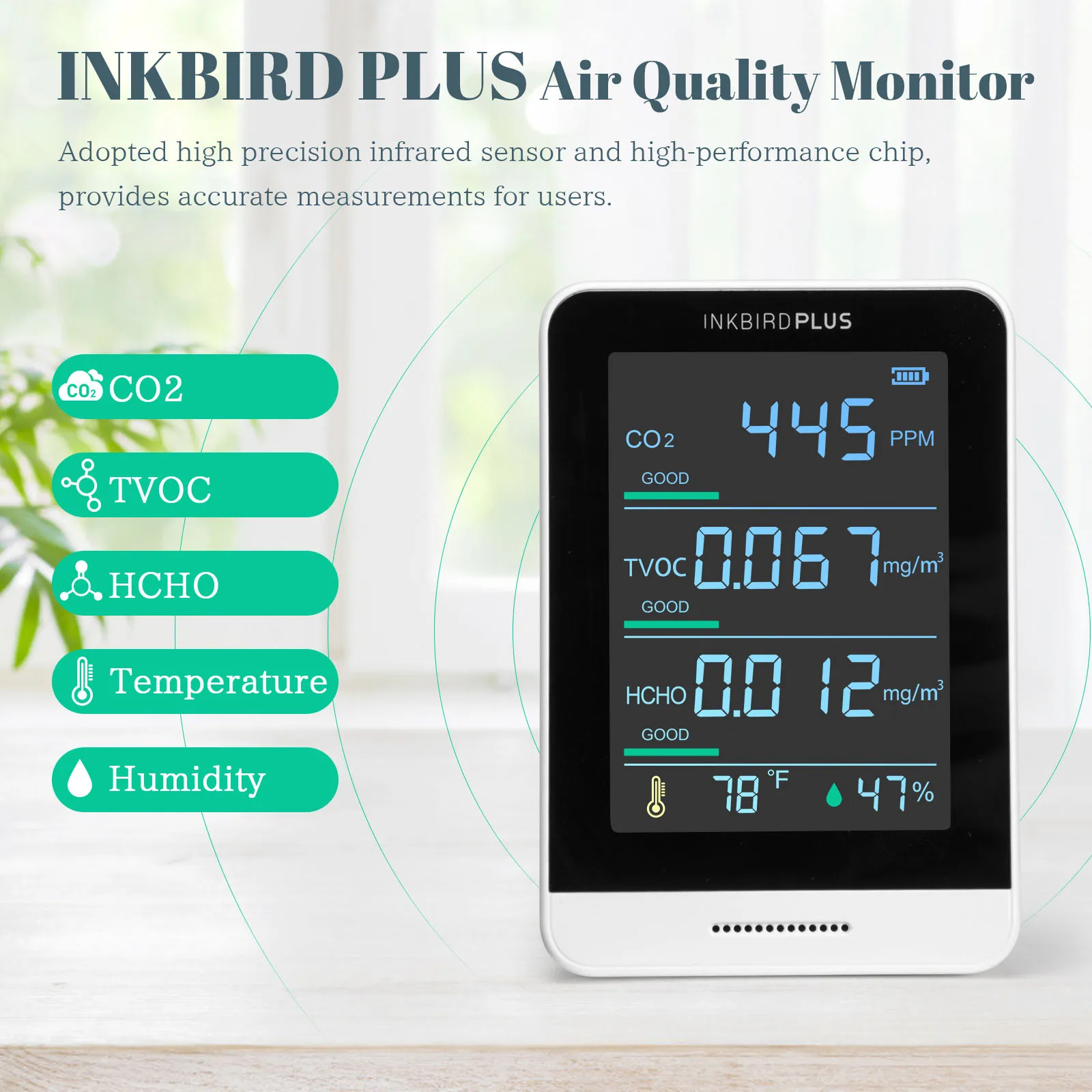 INKBIRDPLUS wykrywacz CO2 Monitor jakości powietrza USB do ładowania CO2 z 3. 5-calowym ekranem dla wilgotności w temperaturze HCHO TVOC