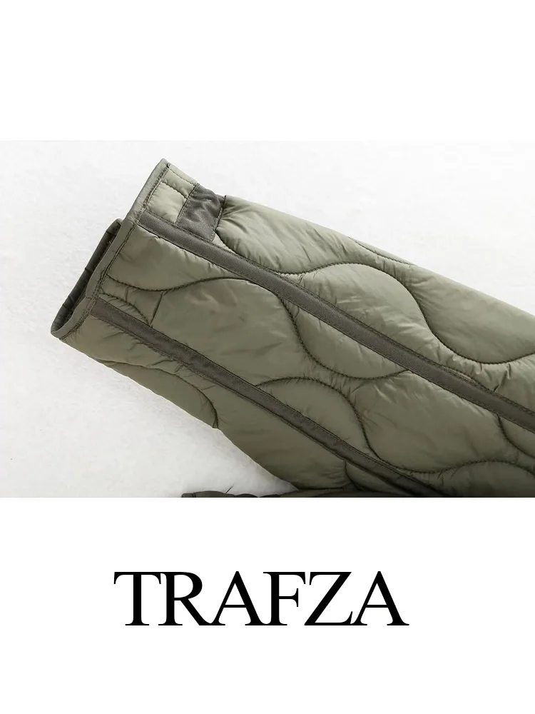 TRAFZA 2024 Vintage Women Soild Quilted Cotton Coat Long Sleeve Front Zip Up Stcollar Lightweight Jacket Female Loose Outerwear