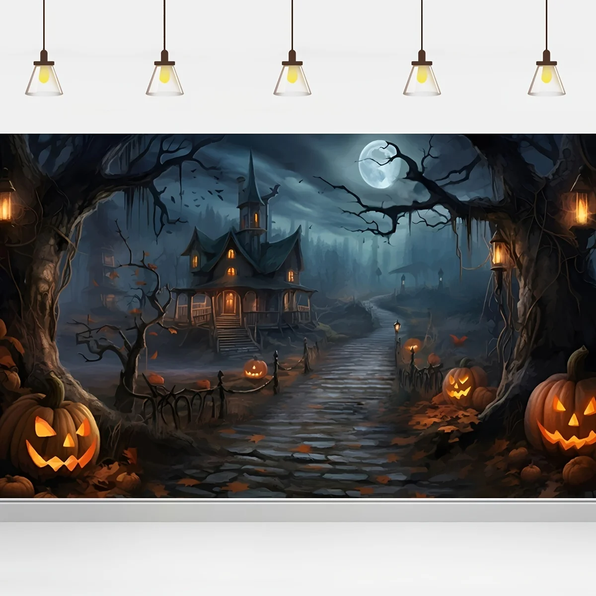 VIKAMA Spooky Halloween Haunted House Tapestry Moon & Pumpkin Wall Hanging for Living Room Party Home Decor Room Decoration