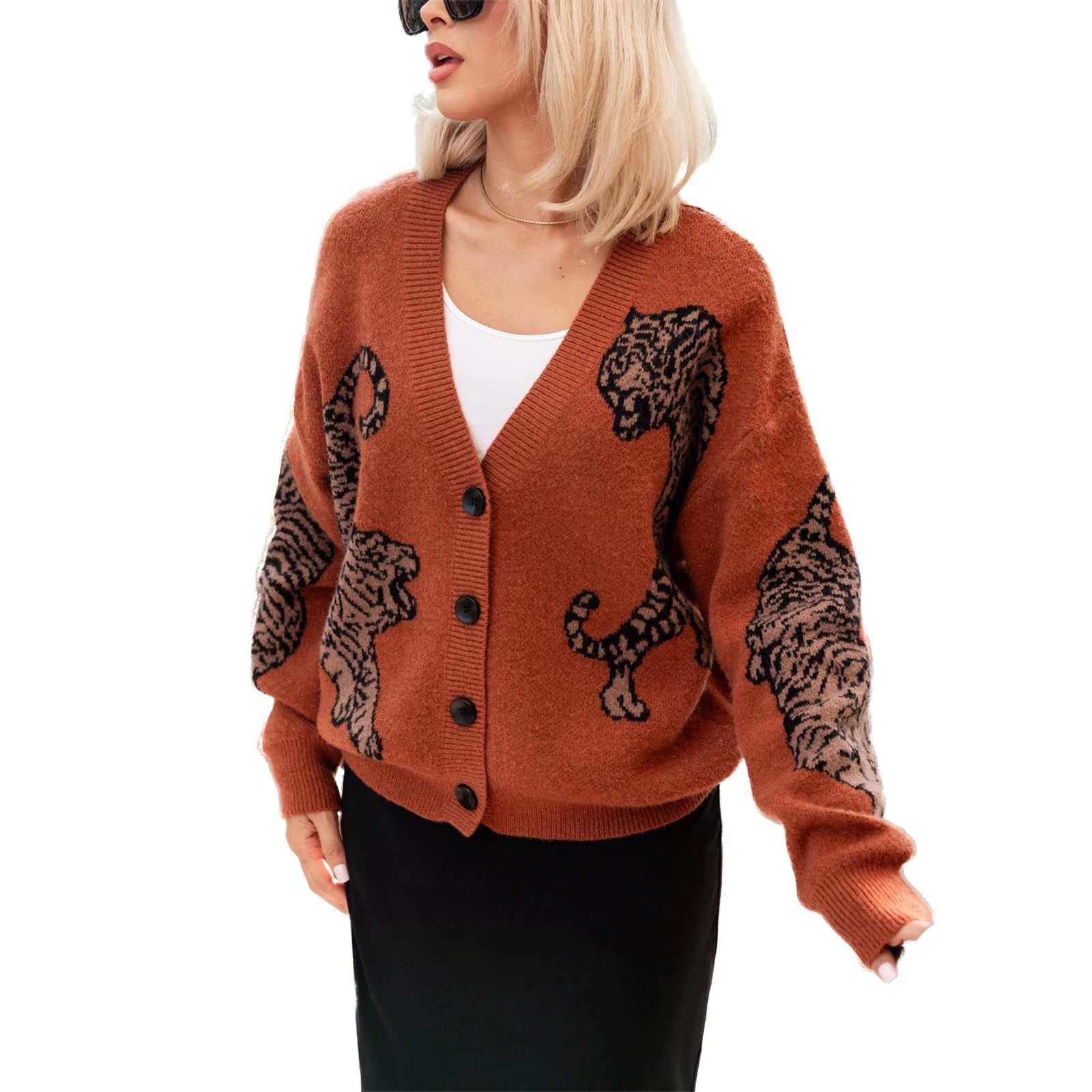 Vintage Tiger Print Cardigan Women Sweaters V Neck Button Down Knitted Pattern Lady Casual Warm Fall Jacket Knitwear Coats