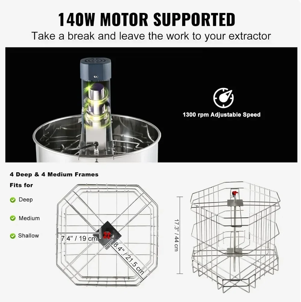 Elektrische Honingzuiger, 4/8 Frame Roestvrijstalen Bijenteeltwinning, Honingraattrommelspinner Met Transparant Deksel