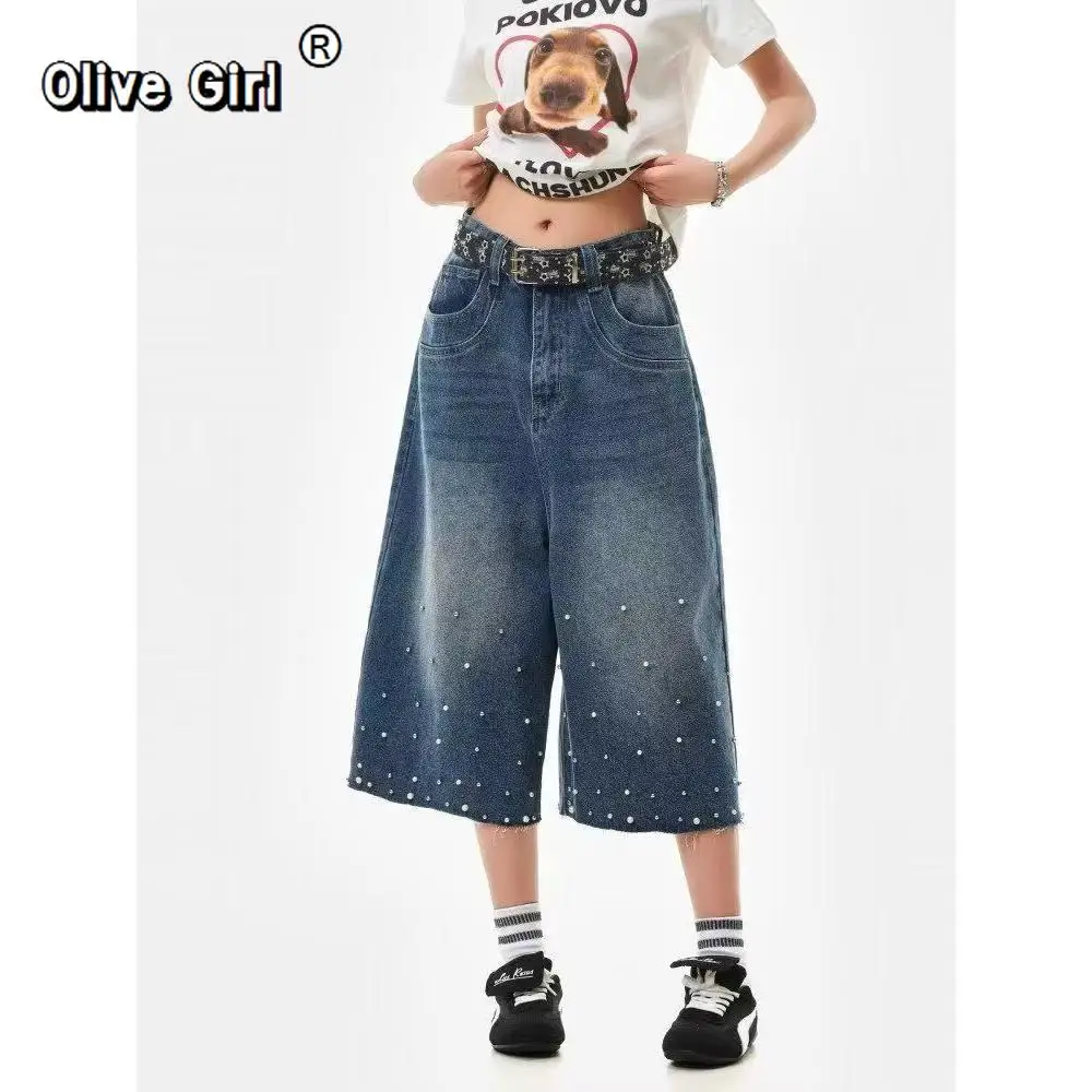 

Olivegirl 2026 Летние женские синие джинсовые шорты-карго в винтажном стиле Y2K, уличные оверсайз шорты-ковбойки, одежда в стиле 2000-х годов