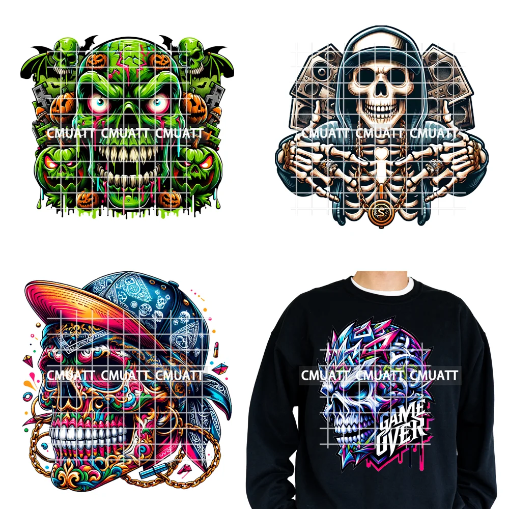 

12in Colorful Streetwear Skull Gamer Lover Life Game Over Iron on DTF Thermal Transfer Stickers Logos Ready to Press for T-shirt