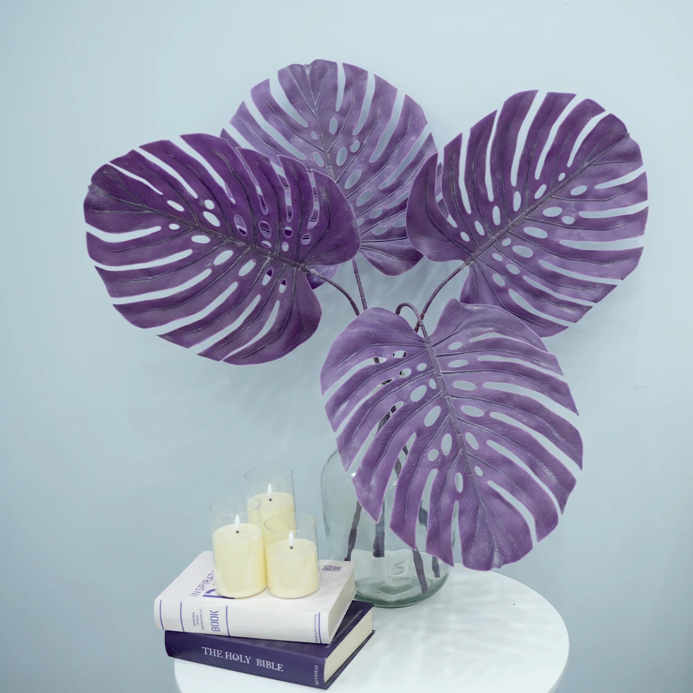 2 feuilles artificielles de Monstera violettes avec longue tige, grandes feuilles tropicales artificielles en forme de tortue pour vase, maison, mariage, fête, Halloween