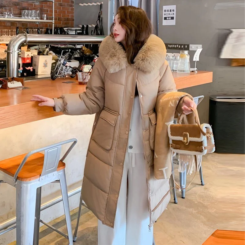 2024 New Fashion Women's Winter Clothing Thickened Hooded Large Hair Collar Long Solid Color Cotton Coat Solid Color Winter Top