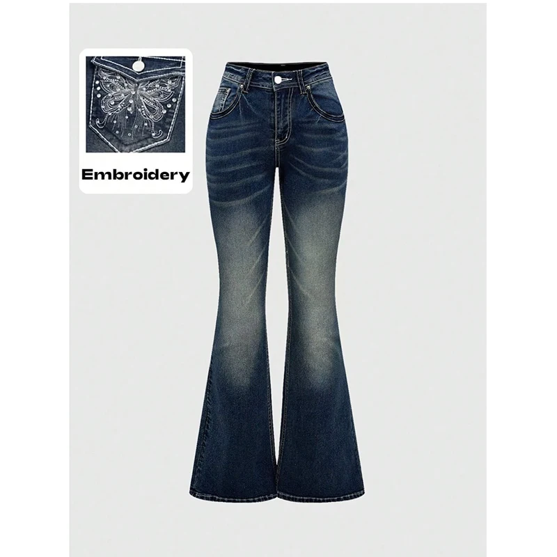 Trendy Retro Fashion Women Flared Jeans Lady Butterfly Embroidery Designer Trousers Girls Casual Thin Denim Pants