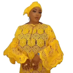 African Wedding Party Dresses for Women Autumn African Long Sleeve White Yellow Lace Plus Size Long Dress African Gowns Outfits