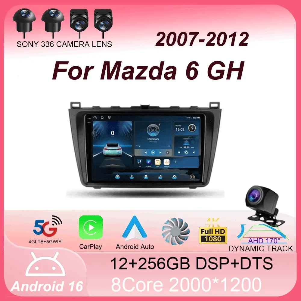 

Автомагнитола Android 16 с беспроводным CarPlay для Mazda 6 GH 2007-2012, мультимедийный видеоплеер, 4G, Wi-Fi, GPS, камера 360°, навигация