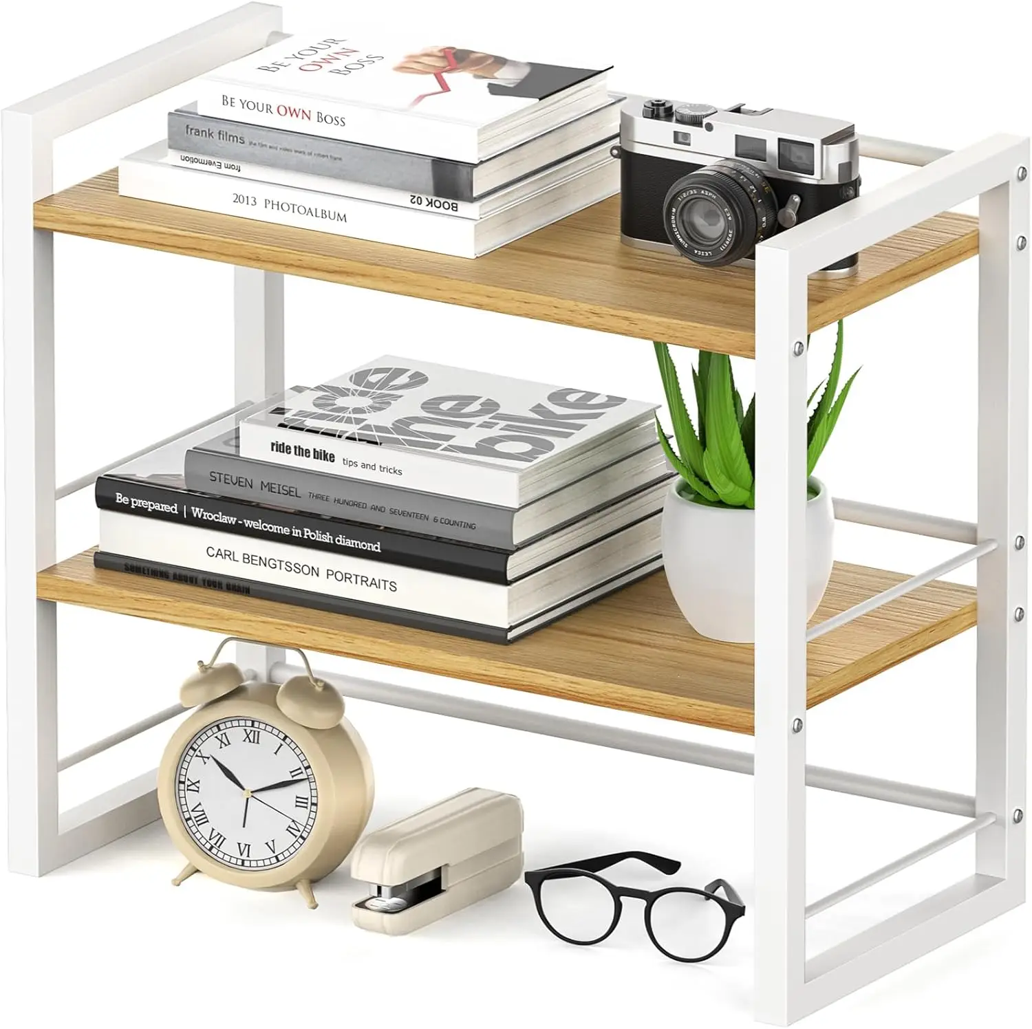 

2-Tier Wood Desk Shelf Organizer, Space-Saving Bookshelf for Office & Home, White