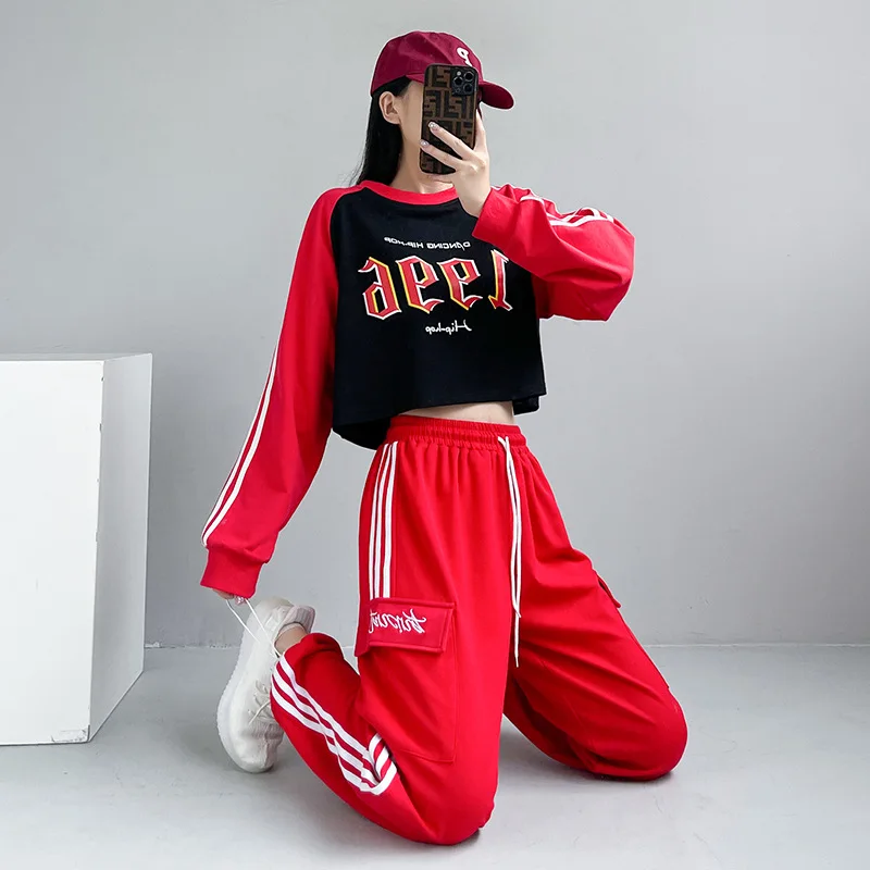 Street Dance Hip-hop Dance Clothes Women Pant Suit Tracksuit Wear Round Neck Color Blocking Korean Group Costume Dance Wear