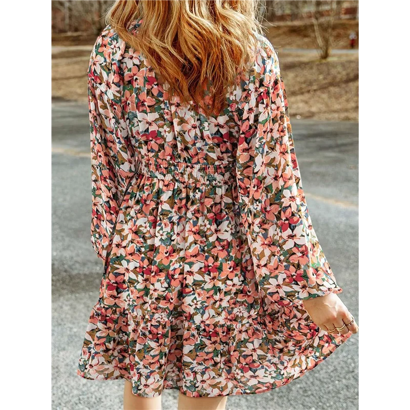 A83F-Donna Autunno Boho Floreale Scollo a V Manica lunga Smocked Elastico in vita Casual A-Line Mini abito prendisole