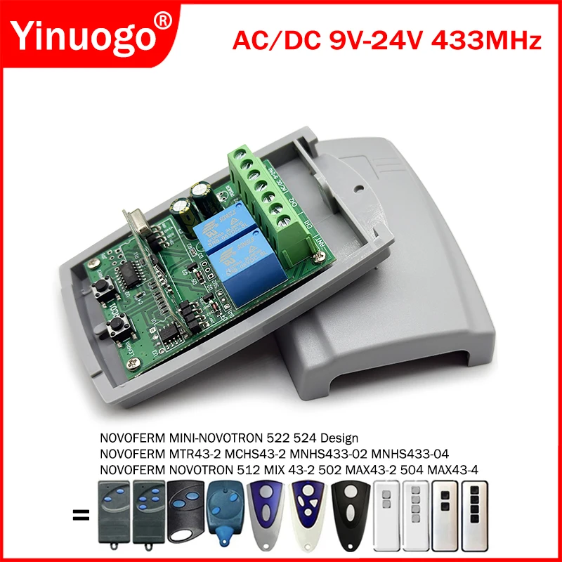 For NOVOFERM NOVOTRON 502 504 512 MINI-NOVOTRON 522 524 MTR43-2 MCHS43-2 MNHS433 Garage Door Remote Control Receiver 433.92MHz