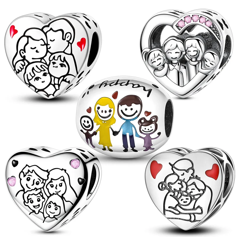 

Original 925 Sterling Silver Charms Family Of Four Heart Bead Fit Original Bracelet For Women DIY Jewelry Gift Accessories