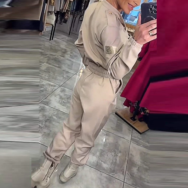 2024 Lady Spring Autumn O-neck Office Rompers Women Solid Long Sleeve Combination Commuter Single Breasted Waisted Slim Jumpsuit