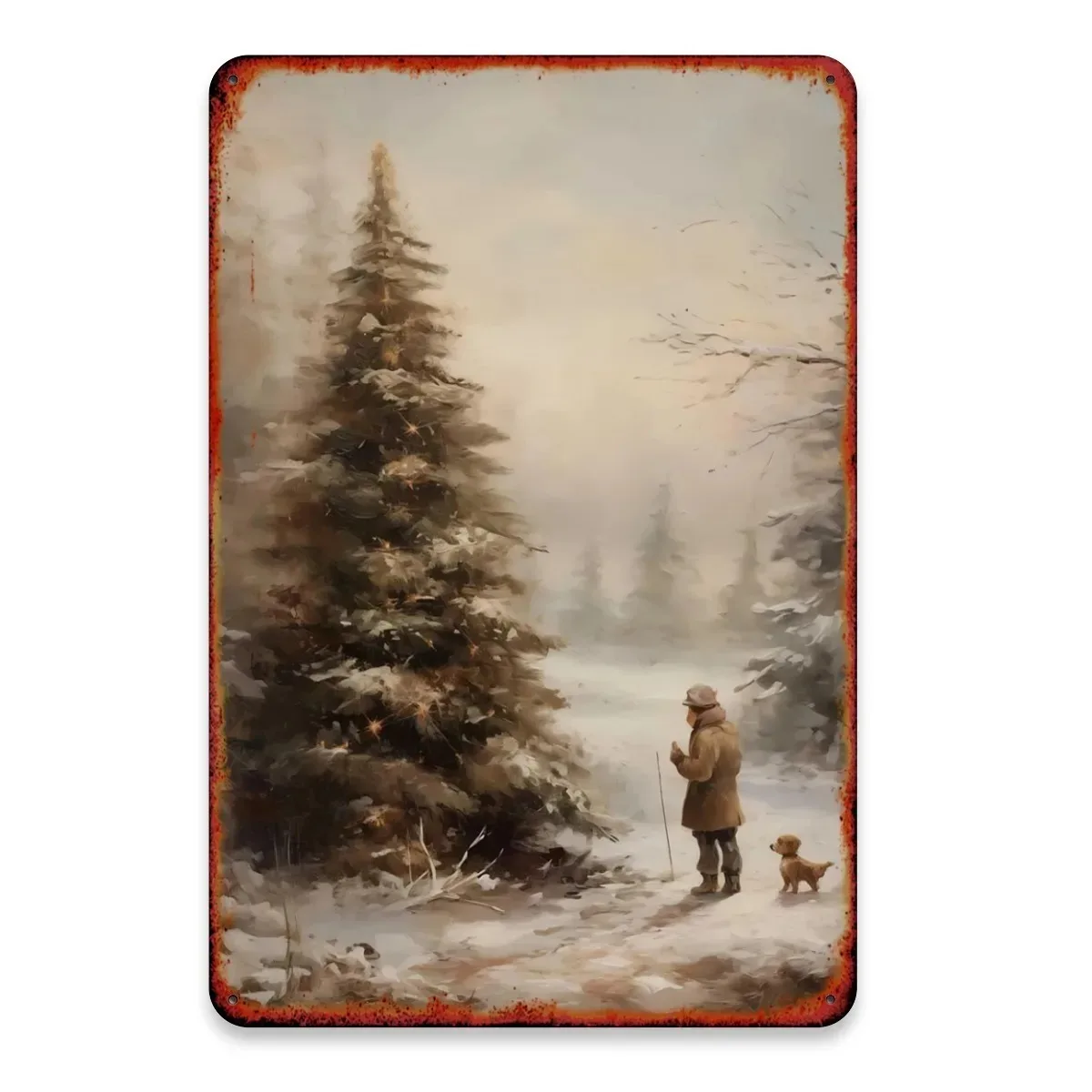 8×12Inch 20×30CM 2D Flat Personalized Vintage Winter Snowy Forest Tin Sign Snowman Dog Cabin Christmas Waterproof Bar Man Cave W