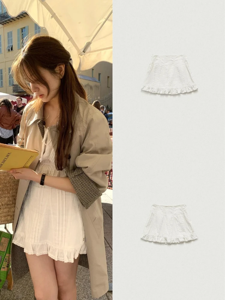 

Sweet Pleated Texture ort Skirt with Lace Trim A-Line f Body Romantic And Playful High Waist Pure Color Summer ...