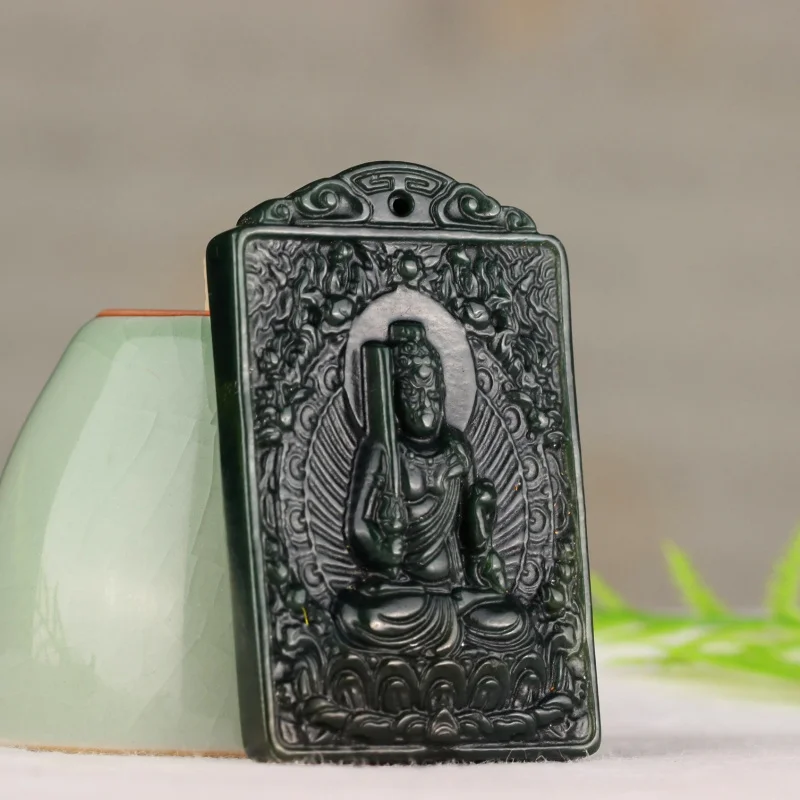 Hetian Green Jade Pendant with Eight Guardian Deities, Double-Sided Zodiac Amulet Necklace