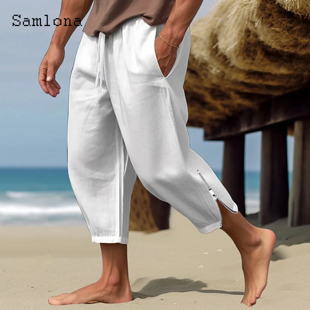 2024 Men Elegant Fashion Zipper Cuff Linen Pants Solid Elastic Waist Ankle-Length Trouser Plus Size 3xl Mens Casual Sweatpants